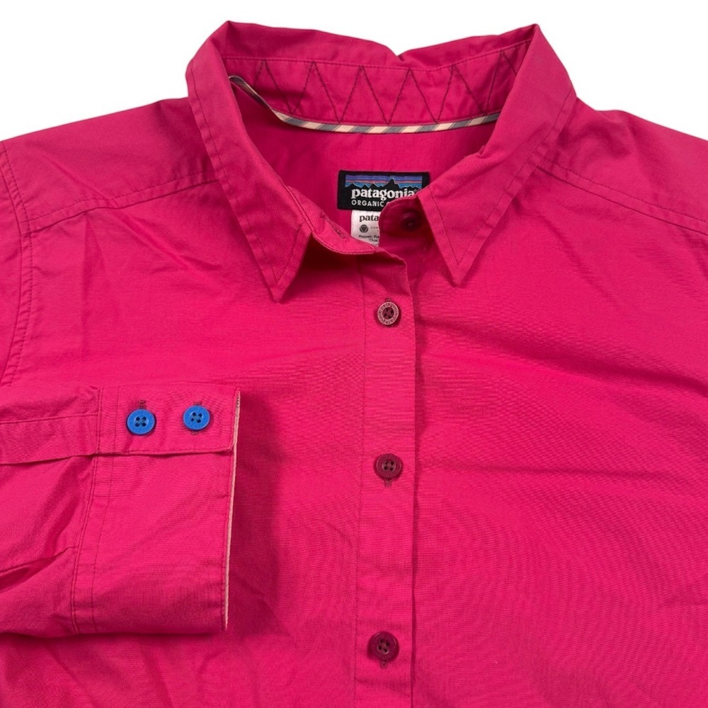 Patagonia Indies Button Down Shirt Womens 8 Pink Organic Cotton Roll Tab Sleeve